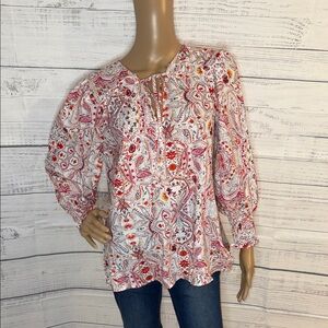 Peasant Tie-Neck Blouse in White with Red Paisley Print